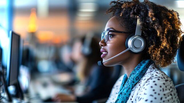 Professional woman assisting customers in a busy call center environment