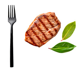 Top view set of meat steak of Grilled top sirloin or cup rump beef with black fork and spices isolated and generated with AI in png file format
