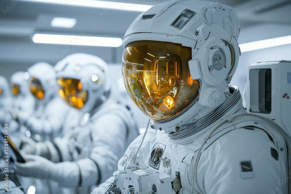 Poster a team of astronauts inside a space station, floating in zero gravity while working on research