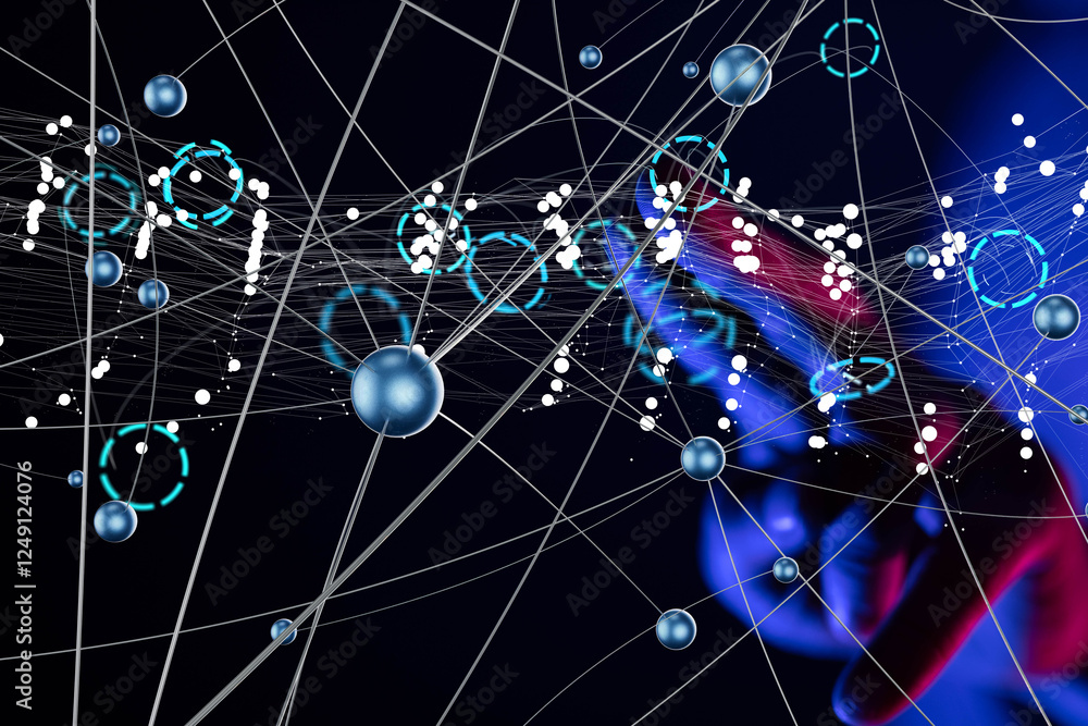 Poster Global network. Blockchain. 3D illustration. Neural networks and artificial intelligence. Abstract