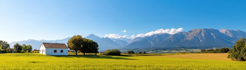 Obraz premium A picturesque landscape featuring a white house, lush green fields, and majestic mountains under a clear blue sky.
