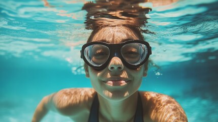 Fototapeta premium Underwater close-up of a woman wearing swimming goggles, smiling at the camera.
