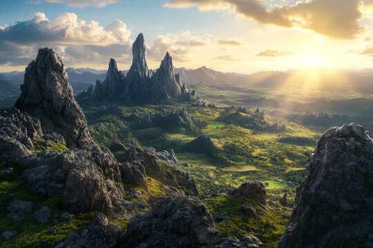 Stunning sunset over mountain peaks and lush valley with rocky outcrops and sunlit clouds