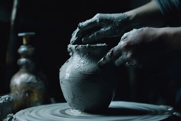 Skillful hands sculpting an elegant jar on the potter s wheel against a dark background