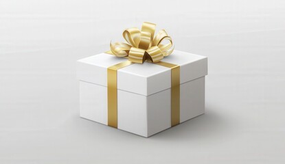 Obraz premium Elegant White Gift Box with Gold Ribbon and Bow on Neutral Background