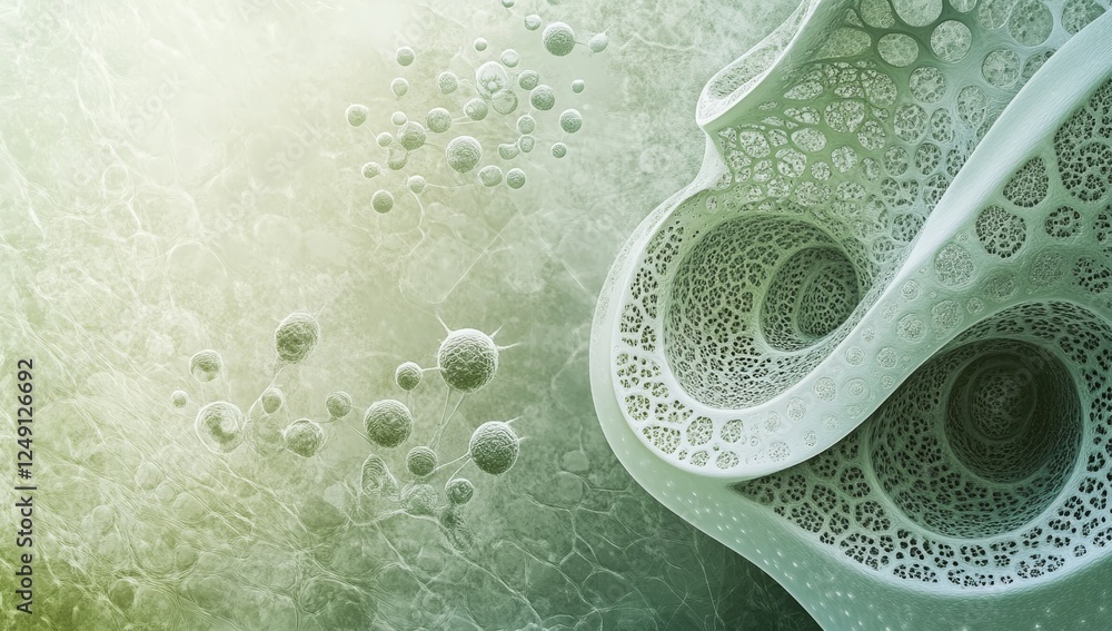 Poster surreal digital artwork of abstract cell structure with geometric and organic forms in muted tones