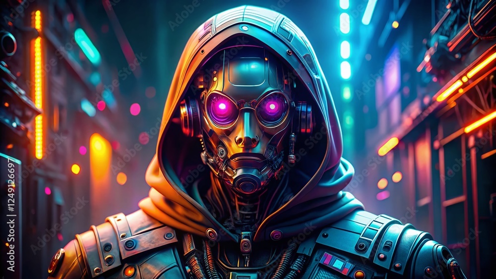 Poster mysterious robot hacker: cyberpunk portrait with copy space for cybersecurity concepts