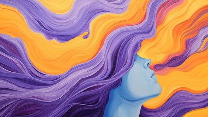 serene profile of woman with flowing hair in vibrant colors, symbolizing transcendent love and emotional expression. artwork captures essence of self discovery and connection