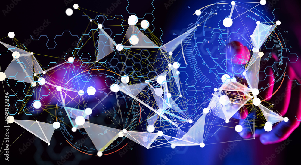 Poster Neural network 3D illustration. Big data and cybersecurity - connection