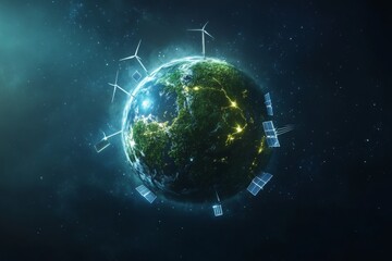 Naklejka premium A green earth surrounded by wind turbines and solar panels, symbolizing sustainable energy solutions