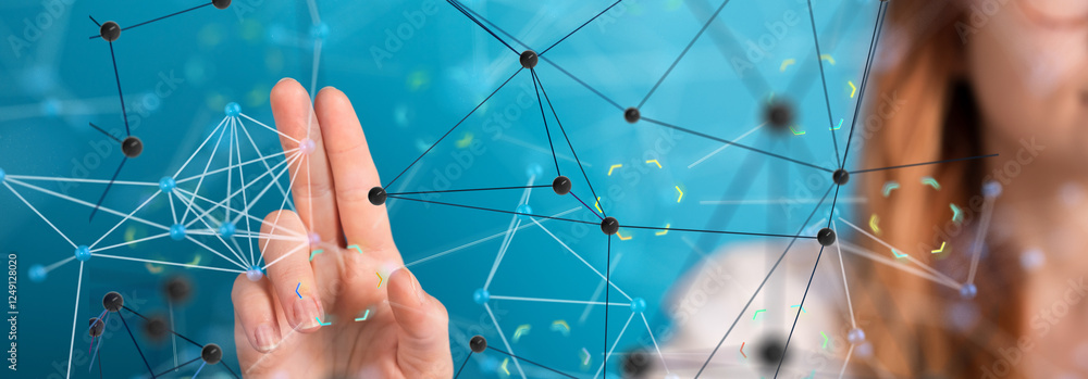 Poster Global network. Blockchain. 3D illustration. Neural networks and artificial intelligence. Abstract