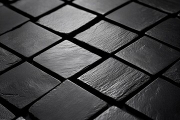 Dark textured tiles on a surface creating a modern and stylish background design, suitable for contemporary interiors and architectural themes