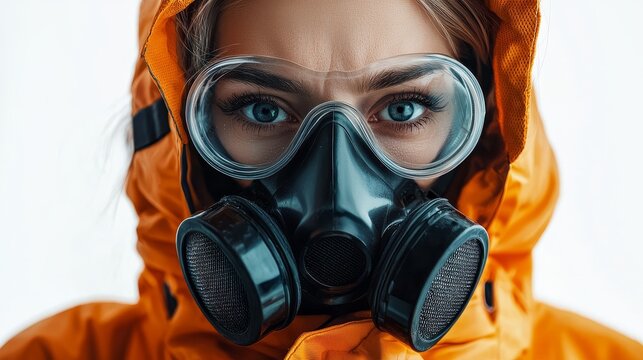 News reporter in gas mask highlights pm2.5 pollution crisis in urban area focus on air quality close-up view