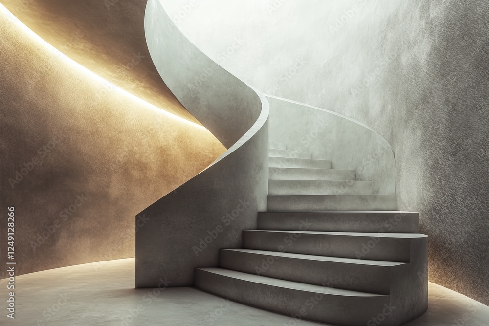 Poster minimalist concrete spiral staircase design highlighted by soft lighting and elegant curves