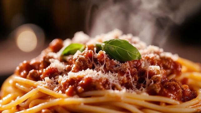 spaghetti bolognese with tomato sauce and parmesan