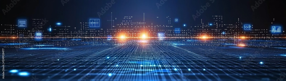Poster a futuristic digital landscape with glowing lights and data patterns, symbolizing technology and con