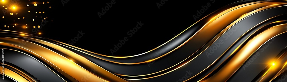 Poster a sleek design featuring flowing golden and black waves against a dark background, creating a luxuri