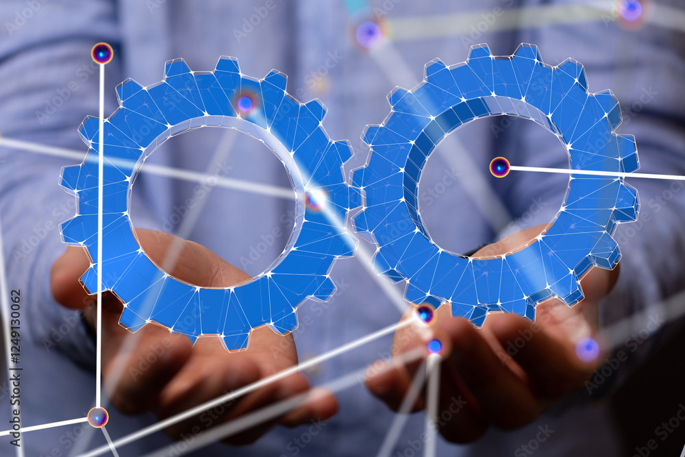 Poster gear system data. Connecting lines and dots.Big data visualization