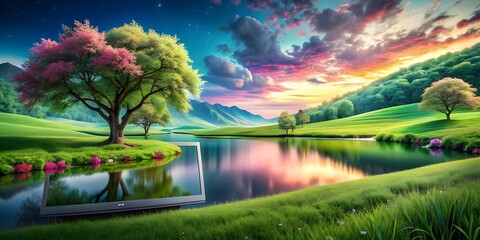 Vibrant landscape with a serene lake and vibrant trees reflecting on a monitor under a colorful sunset sky