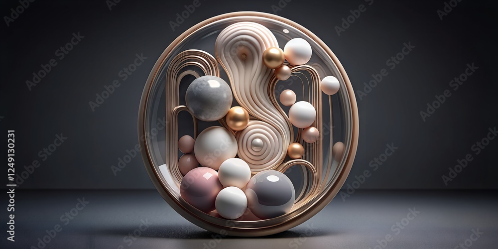 Poster exploration of elegance in a macro augmented reality illustration featuring abstract spheres and flu