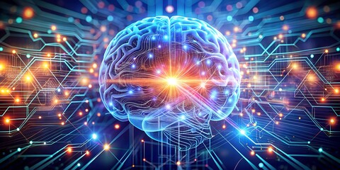 Technological brain concept showcasing interconnected neural networks and digital data flows