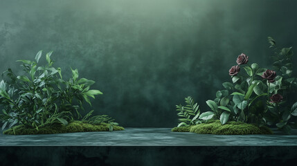 Elegant Botanical Scene with Dark Roses and Moss Islands
