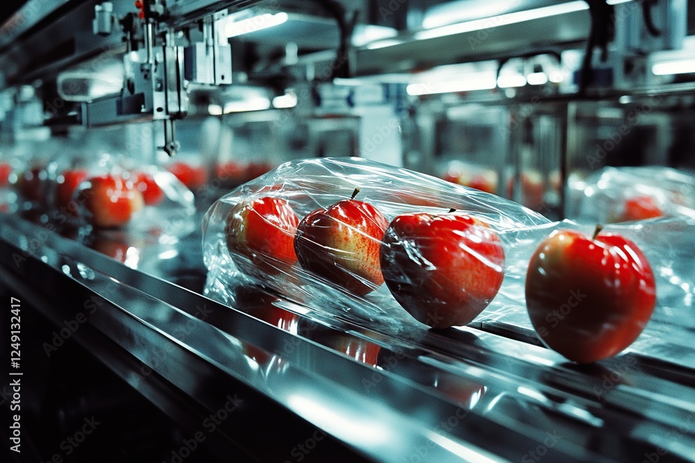 Poster apples automated packaging: factory conveyor belt system processes red apples efficiently and quickl