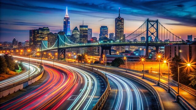 Night Traffic on I-95, Central Philadelphia Exit & Ben Franklin Bridge
