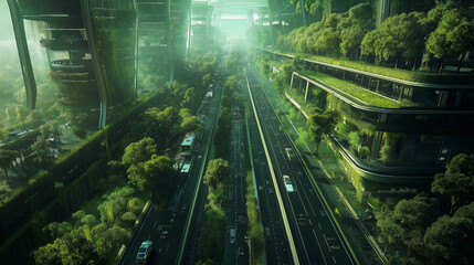 The beautiful road in the future with both sides of the street covered by a lush and Landscape with trees. Generated AI Illustration.