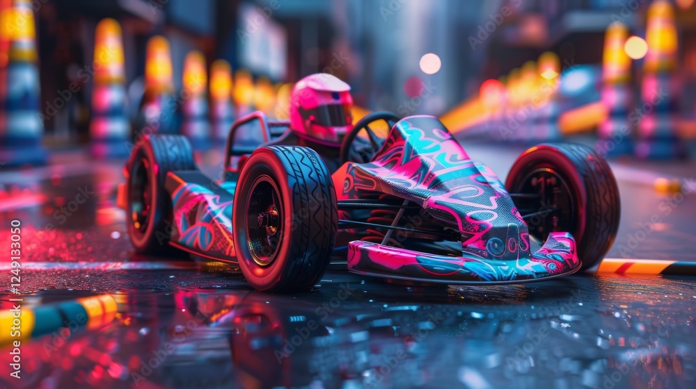 Poster a vibrant go kart featuring an artistic design races down rain soaked streets illuminated by neon li