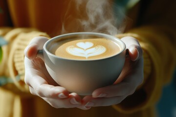 Warm cup of coffee held in hands, steam rising, latte art featuring heart design, cozy atmosphere, inviting beverage concept