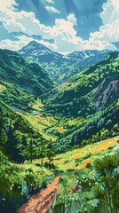 Fototapeta premium Retro orchard under snowy mountains illustration poster background