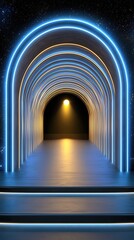Obraz premium Entry Passage Potential by Illuminated Tunnel or Gateway with Light at the End of Futuristic illuminated archway in dark space.