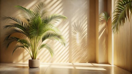 Fototapeta premium Serene Indoor Scene with Lush Green Plant and Natural Light Rays