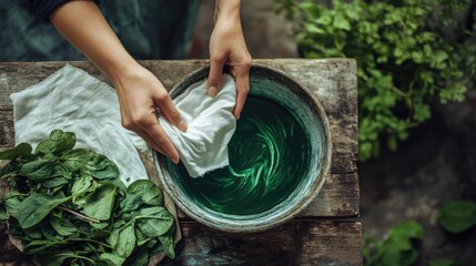 Person preparing natural green dye with spinach and cloth in rustic setting. Natural dyes fabric