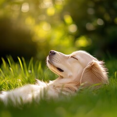 Golden retriever puppy resting peacefully in sunlit grass, enjoying a serene moment in nature, pet relaxation concept