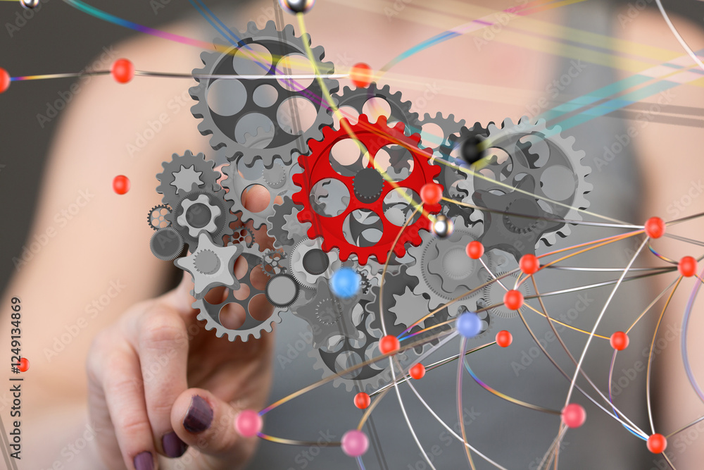 Poster gear system data. Connecting lines and dots.Big data visualization  - 3d