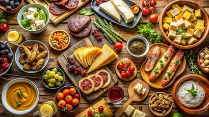 Overhead View of a Lavish European Dinner Buffet: Delicious Food & Drinks