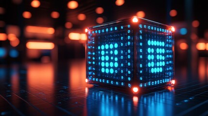 Futuristic glowing cube with digital data.
