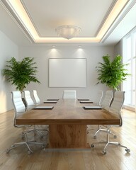 Fototapeta premium Modern conference room with a large wooden table, white chairs, and lush greenery creating an inviting atmosphere.