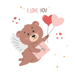 Cute vector illustration in children's style for Valentine's Day. Valentine's day greeting card with cute teddy bear. Vector illustration.