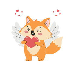 Cute vector illustration in children's style for Valentine's Day. Cute fox with heart, vector Illustration