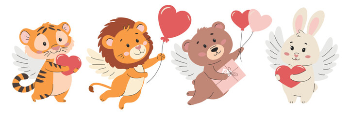 Cute vector illustration in children's style for Valentine's Day. Cute cartoon animals set. Valentines day card. Vector illustration