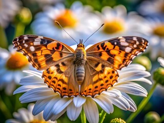 Obraz premium Painted Lady Butterfly on White Flower, Vibrant Wings, Rule of Thirds Composition