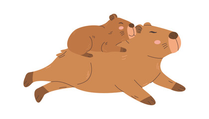 A cute Capybara family lying together. A baby capybara snoozes on its mother. Motherly love. Child illustration. Flat isolated vector illustration on white background