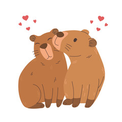 Cute vector illustration of two hugging capybaras surrounded by hearts on white background. For cards, prints, for Valentine's Day 