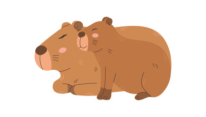 Cute capybara mother and her baby. A Cute animal family. Motherly love. Child illustration. Flat isolated vector illustration on white background