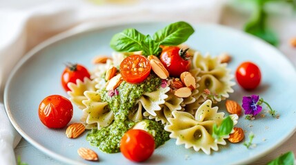Fresh Basil Pasta with Cherry Tomatoes and Almonds on Plate