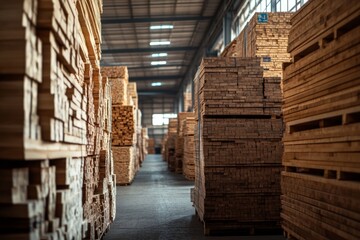 Lumber warehouse aisle, stacked wood, industrial building, storage