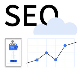 SEO text, cloud graphic, mobile payment app with send button, chart with upward trend. Ideal for online marketing, tech growth, digital finance, data tracking, cloud apps business success abstract